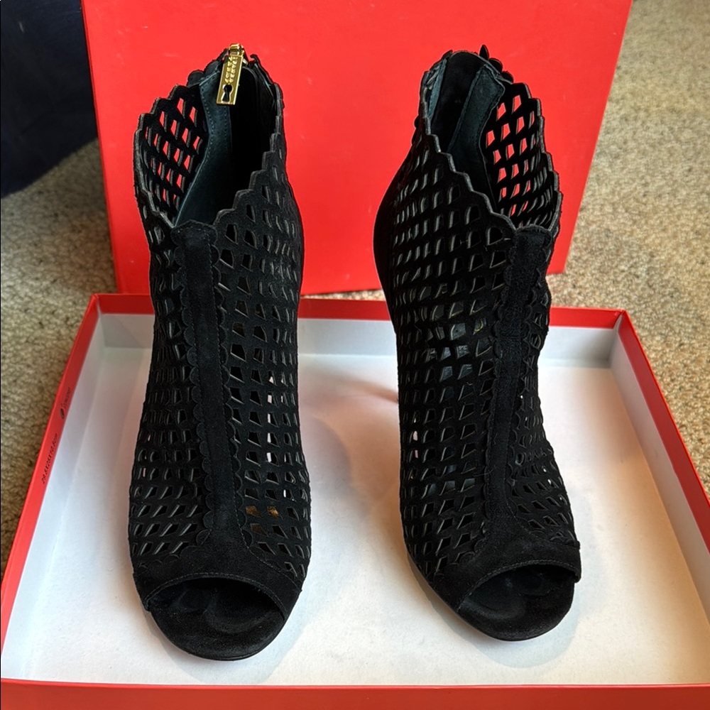 Ivanka Trump Black Heeled Boots with Peep-Toe Design